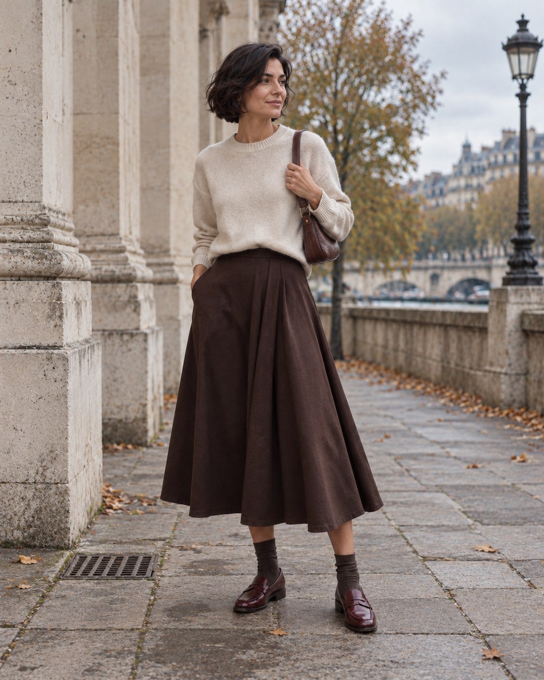 Inspiration : jupe midi chocolat, maille écrue et mocassins bordeaux.